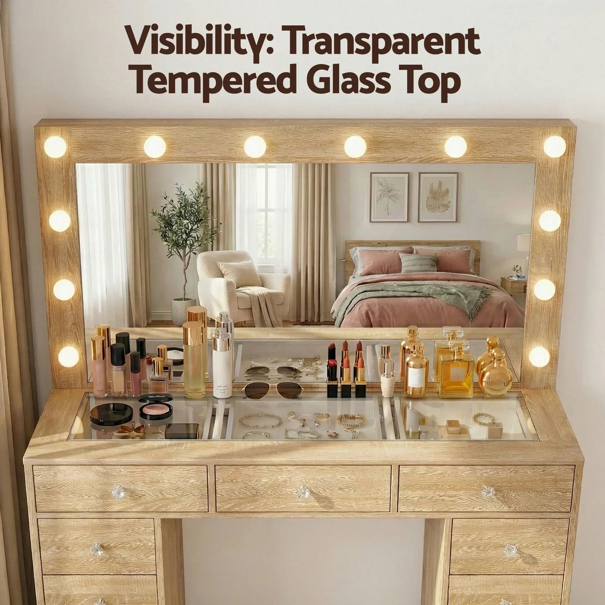 Wood vanity table with lighted mirror, tempered glass top, makeup and jewelry display.