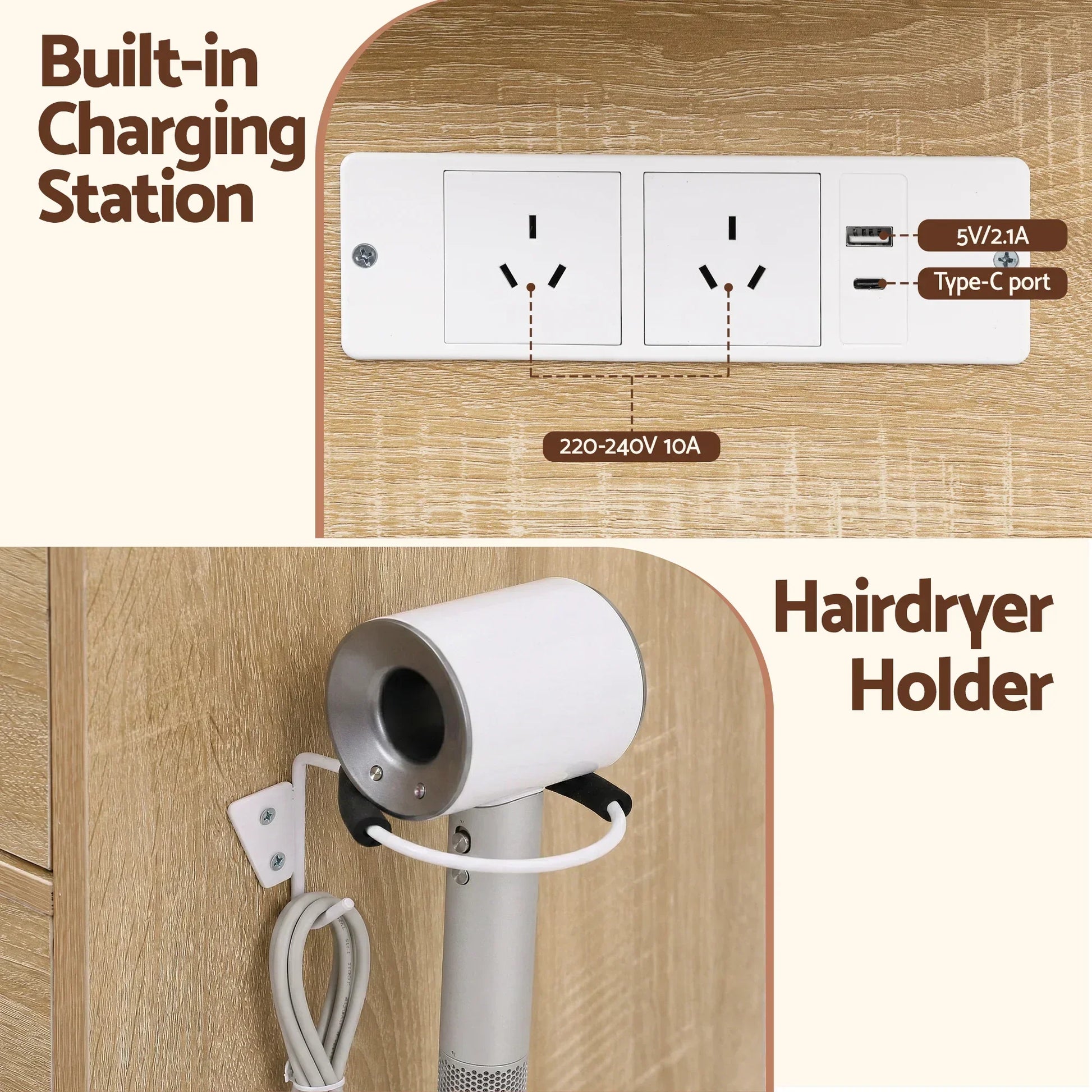 Wooden furniture with built-in charging station, power outlets, USB, and hairdryer holder.