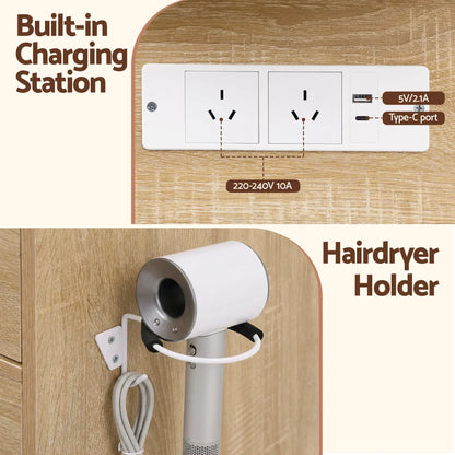 Wooden furniture with built-in charging station, power outlets, USB, and hairdryer holder.
