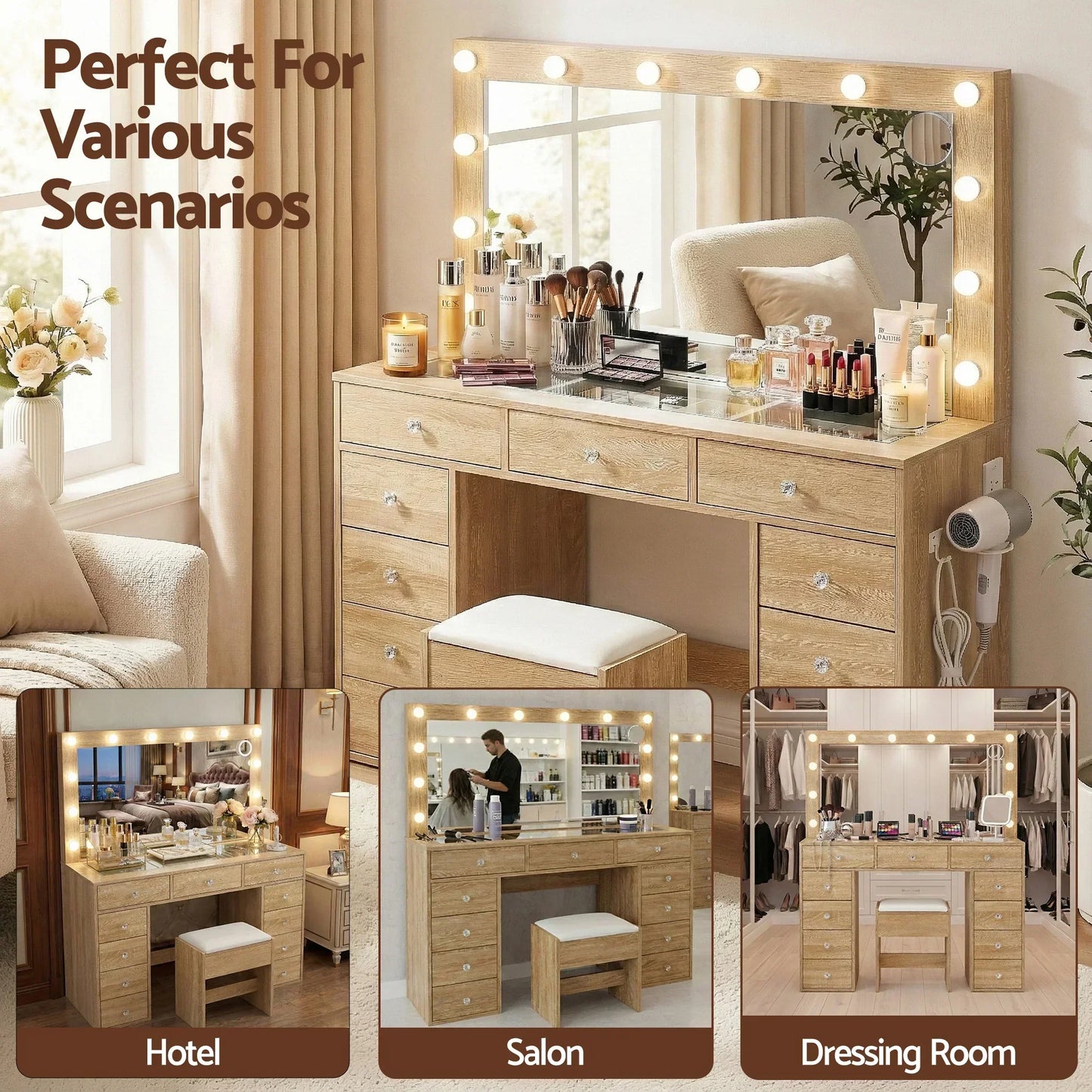 Wooden vanity table with mirror and lights, makeup storage, stool, ideal for bedroom or salon.