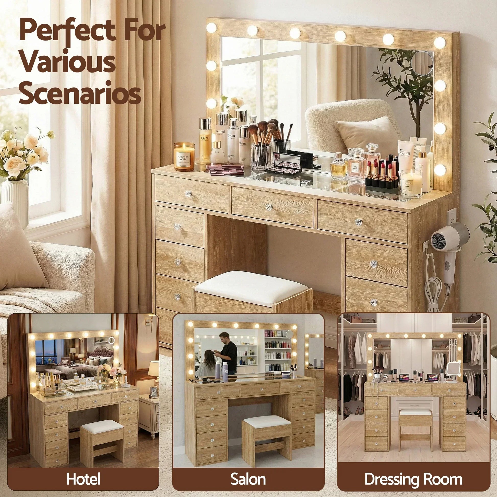 Wooden vanity table with mirror and lights, makeup storage, stool, ideal for bedroom or salon.
