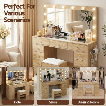 Wooden vanity table with mirror and lights, makeup storage, stool, ideal for bedroom or salon.