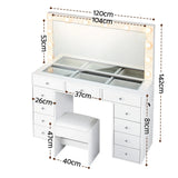 White vanity table set with mirror, lights, drawers, stool, and labeled measurements.