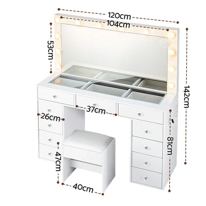 White vanity table set with mirror, lights, drawers, stool, and labeled measurements.