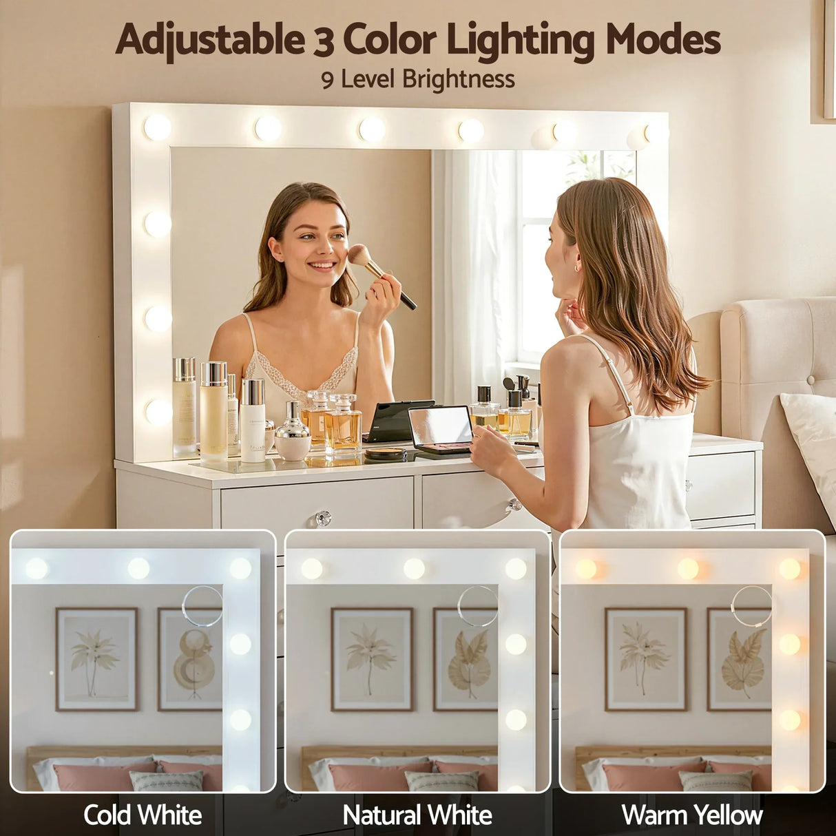 Woman using white vanity table with lighted mirror, showing adjustable LED lighting modes.