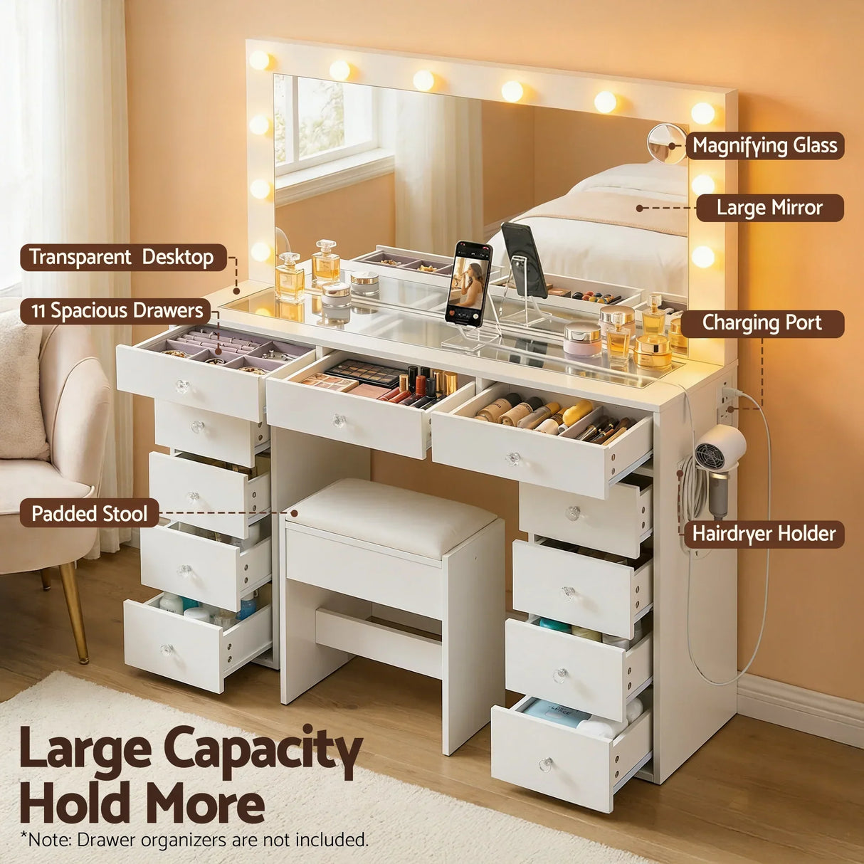 White vanity table with large mirror, 11 drawers, transparent desktop, padded stool, charging port, and hairdryer holder.