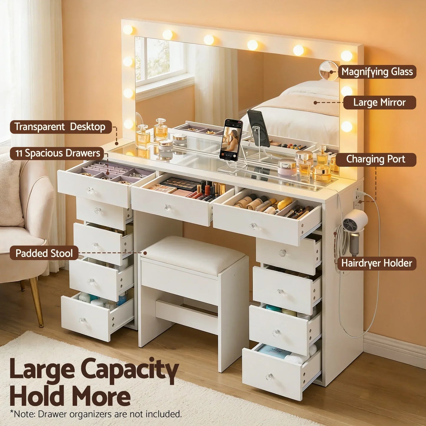 White vanity table with large mirror, 11 drawers, transparent desktop, padded stool, charging port, and hairdryer holder.