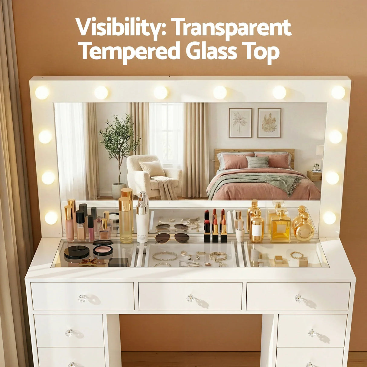 White vanity table with LED mirror, transparent glass top, and organized cosmetics and perfumes