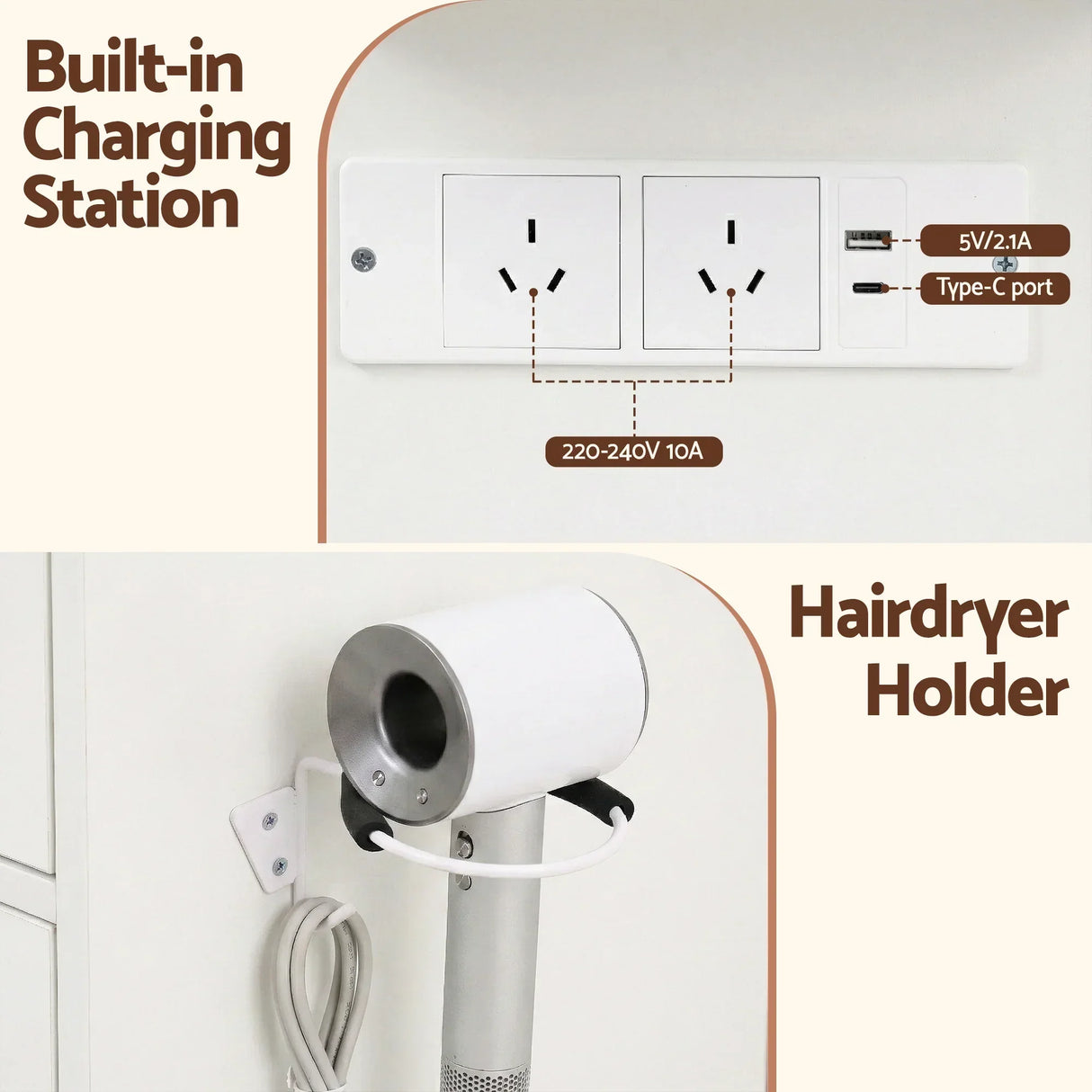 Built-in charging station with power outlets, USB, Type-C port, and mounted hairdryer holder.