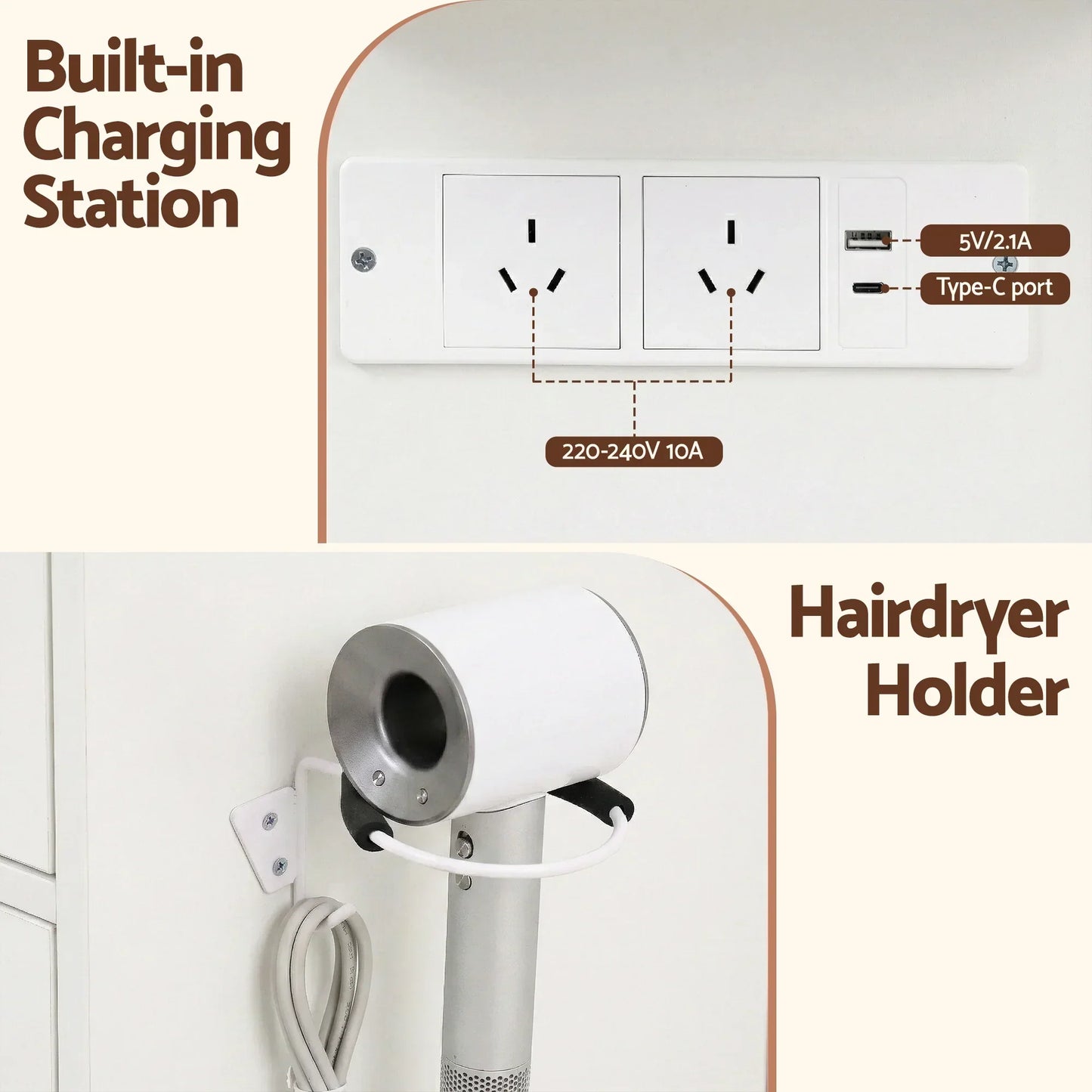Built-in charging station with power outlets, USB, Type-C port, and mounted hairdryer holder.