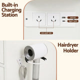 Built-in charging station with power outlets, USB, Type-C port, and mounted hairdryer holder.
