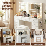 White makeup vanity table with mirror lights, drawers, and stool in home, hotel, salon settings