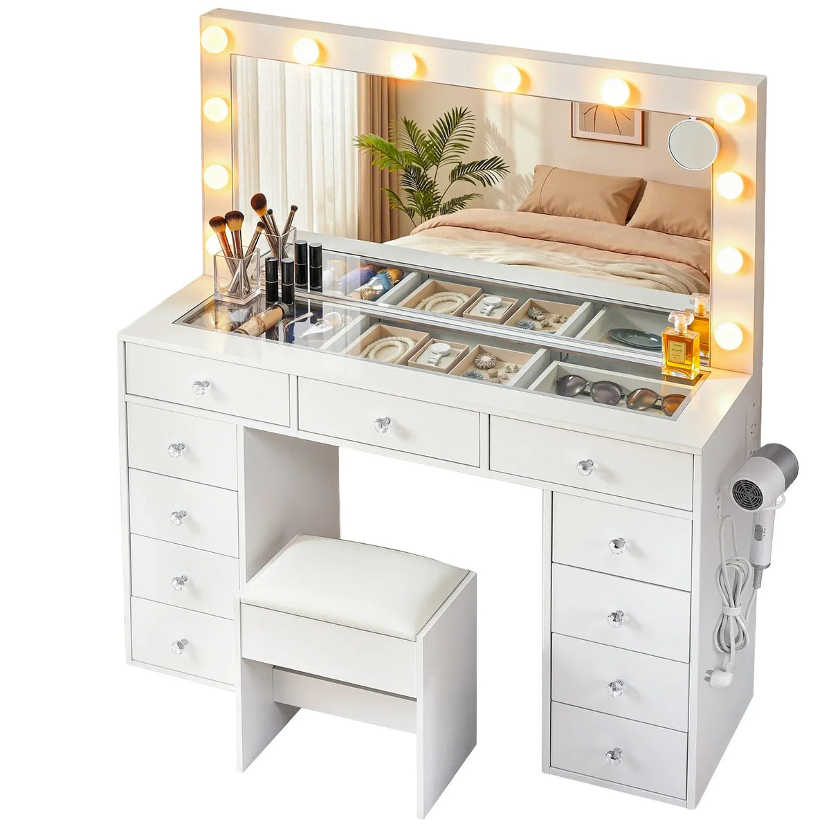 White vanity dressing table with lighted mirror, storage drawers, and matching cushioned stool