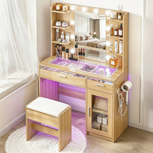Modern wooden vanity table with mirror, LED lights, makeup storage, and matching stool