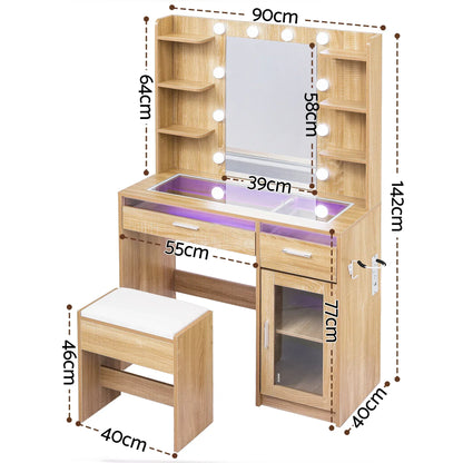Wooden vanity dressing table set with mirror lights, shelves, and stool, labeled dimensions