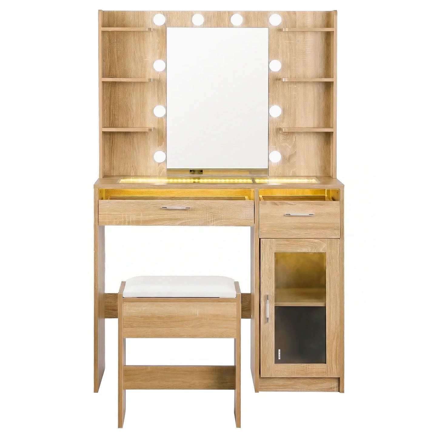 Oak wood vanity table with mirror, built-in lights, shelves, drawers, and matching stool