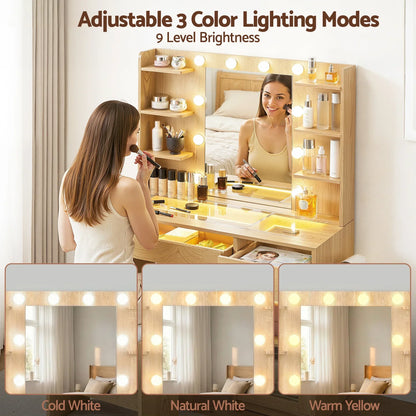 Woman using wooden makeup vanity with LED mirror, adjustable lighting, drawers, shelves.