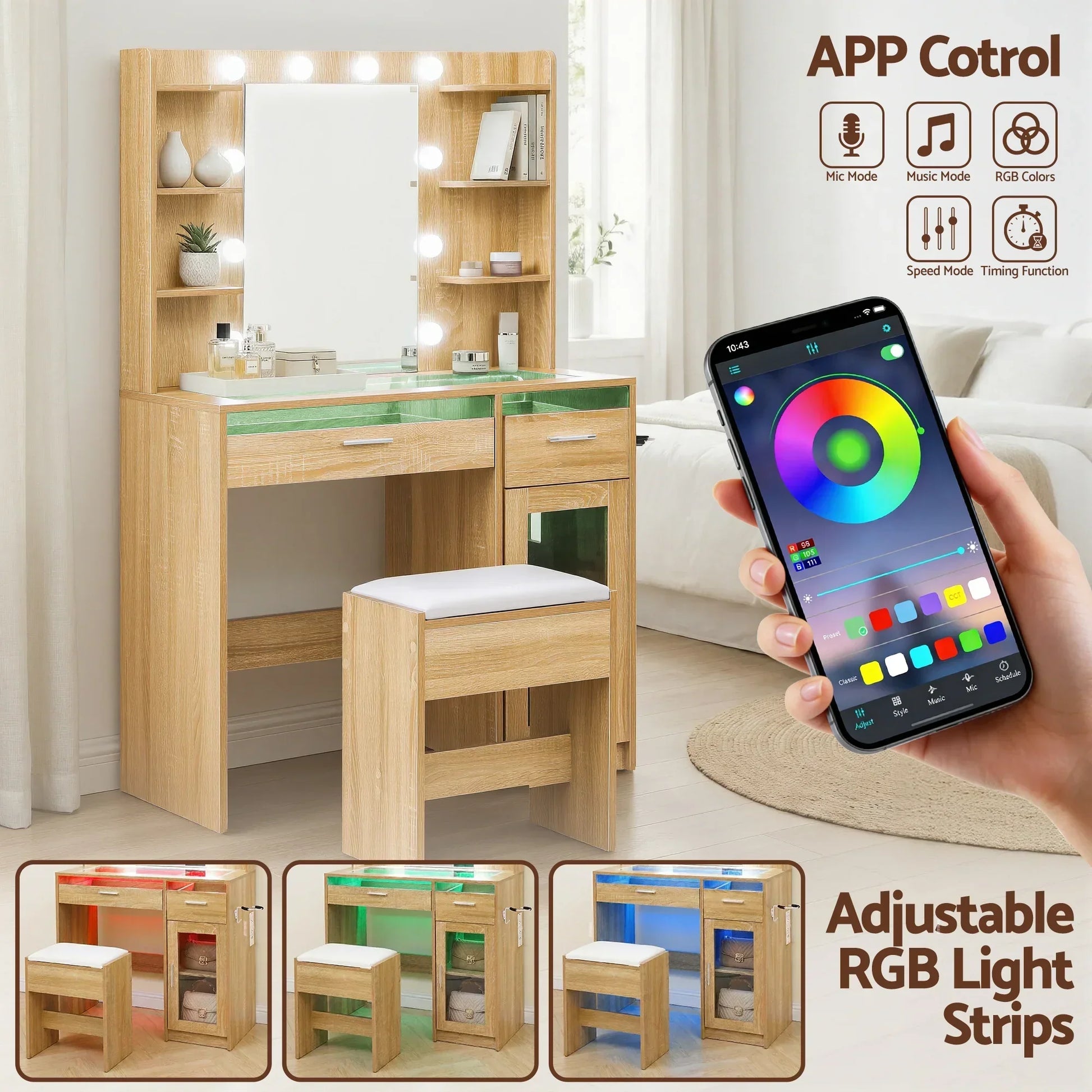 Wooden vanity table with mirror, app-controlled RGB LED lights, shelves, and cushioned stool