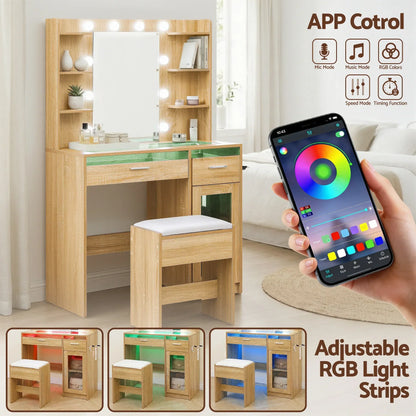Wooden vanity table with mirror, app-controlled RGB LED lights, shelves, and cushioned stool