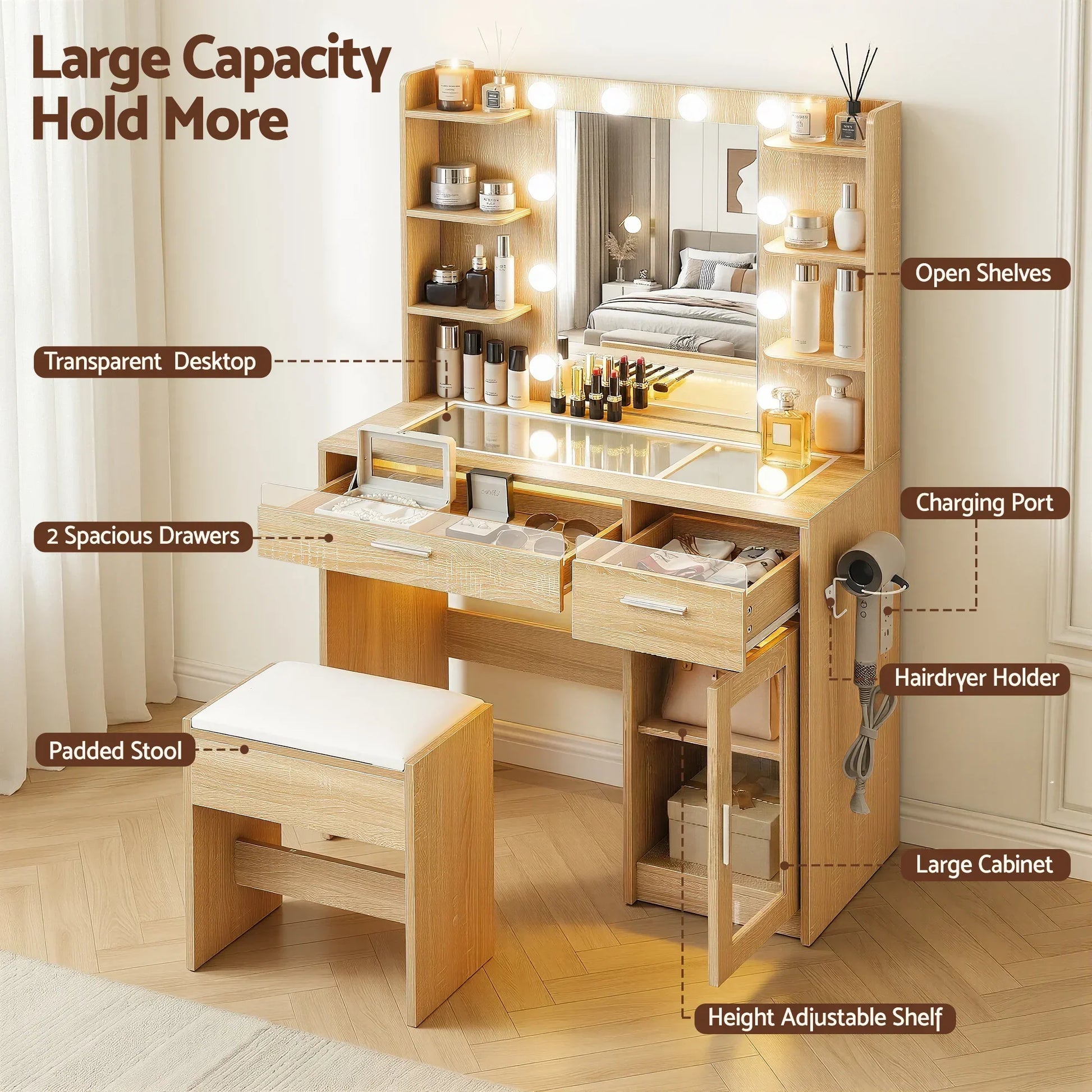Modern wooden vanity table with drawers, open shelves, mirror lights, charging port, and padded stool