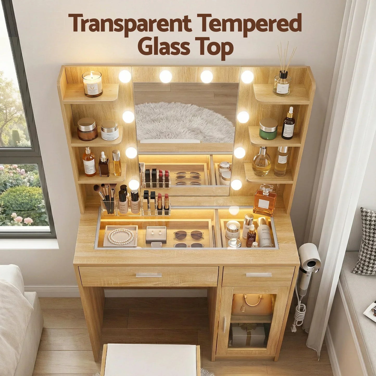 Wooden vanity table with transparent tempered glass top, lighted mirror, shelves, and cosmetics displayed.