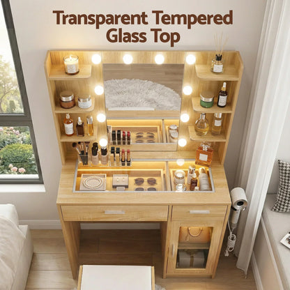 Wooden vanity table with transparent tempered glass top, lighted mirror, shelves, and cosmetics displayed.