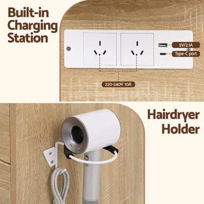 Wooden dresser with built-in charging station, USB, Type-C ports, and hairdryer holder.