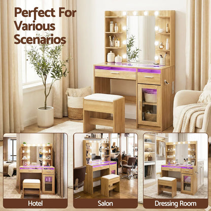 Light wood vanity table with mirror, LED bulbs, shelves and cushioned stool in a modern room