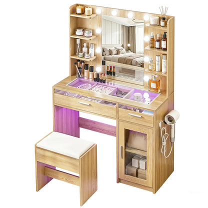 Wooden makeup vanity table with mirror, LED lights, shelves, drawers, and matching stool