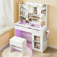 Modern white vanity table with mirror, LED lights, makeup storage, and padded stool