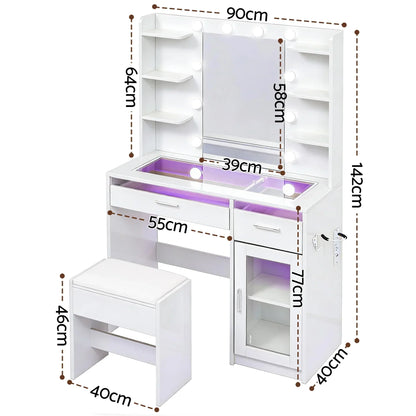 White vanity table set with mirror, LED lights, storage shelves, drawers, stool, and dimensions labeled.