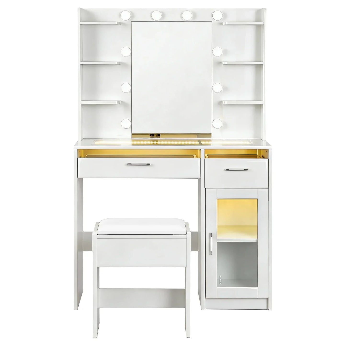 White vanity dressing table with mirror, LED lights, open shelves, drawers, and padded stool