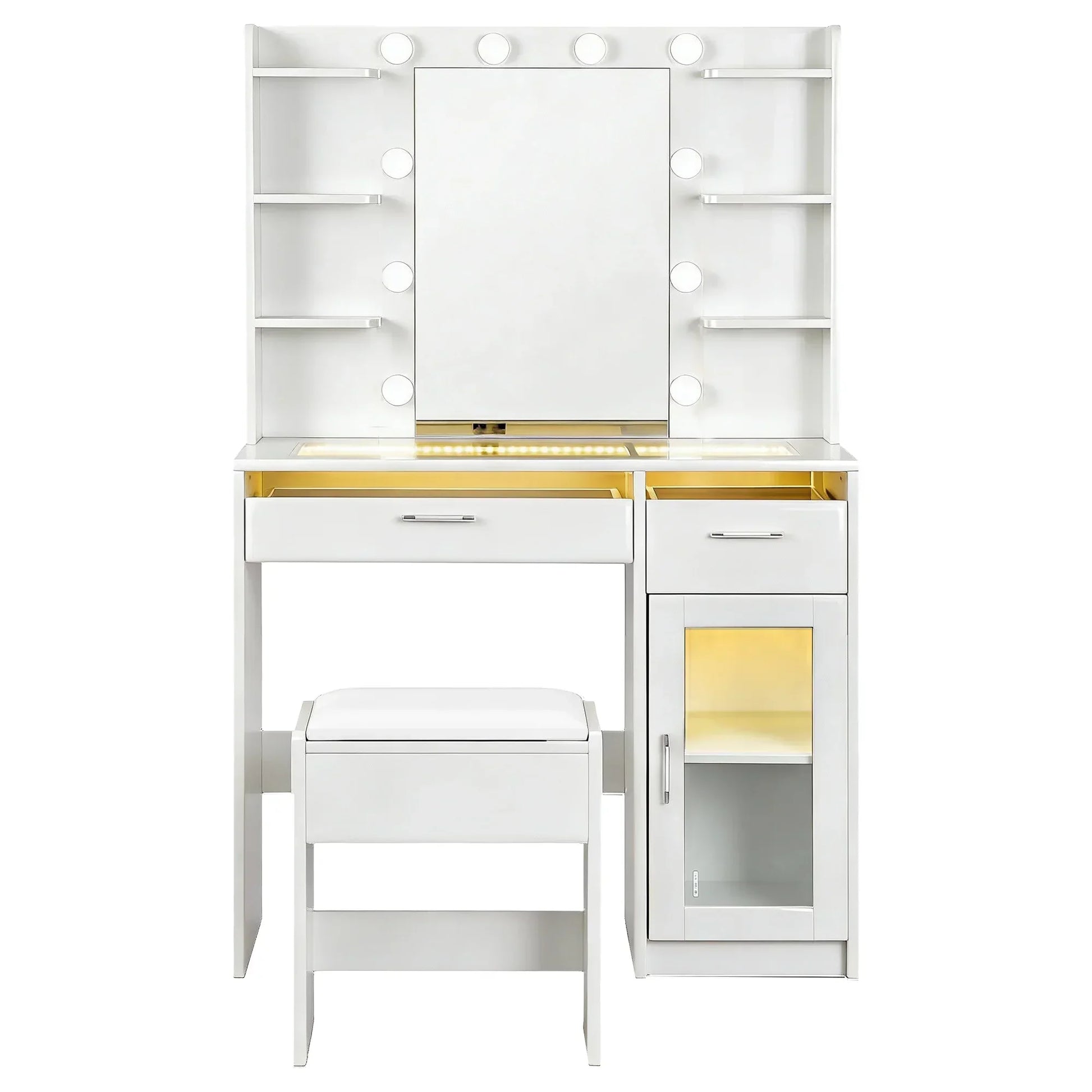 White vanity dressing table with mirror, LED lights, open shelves, drawers, and padded stool