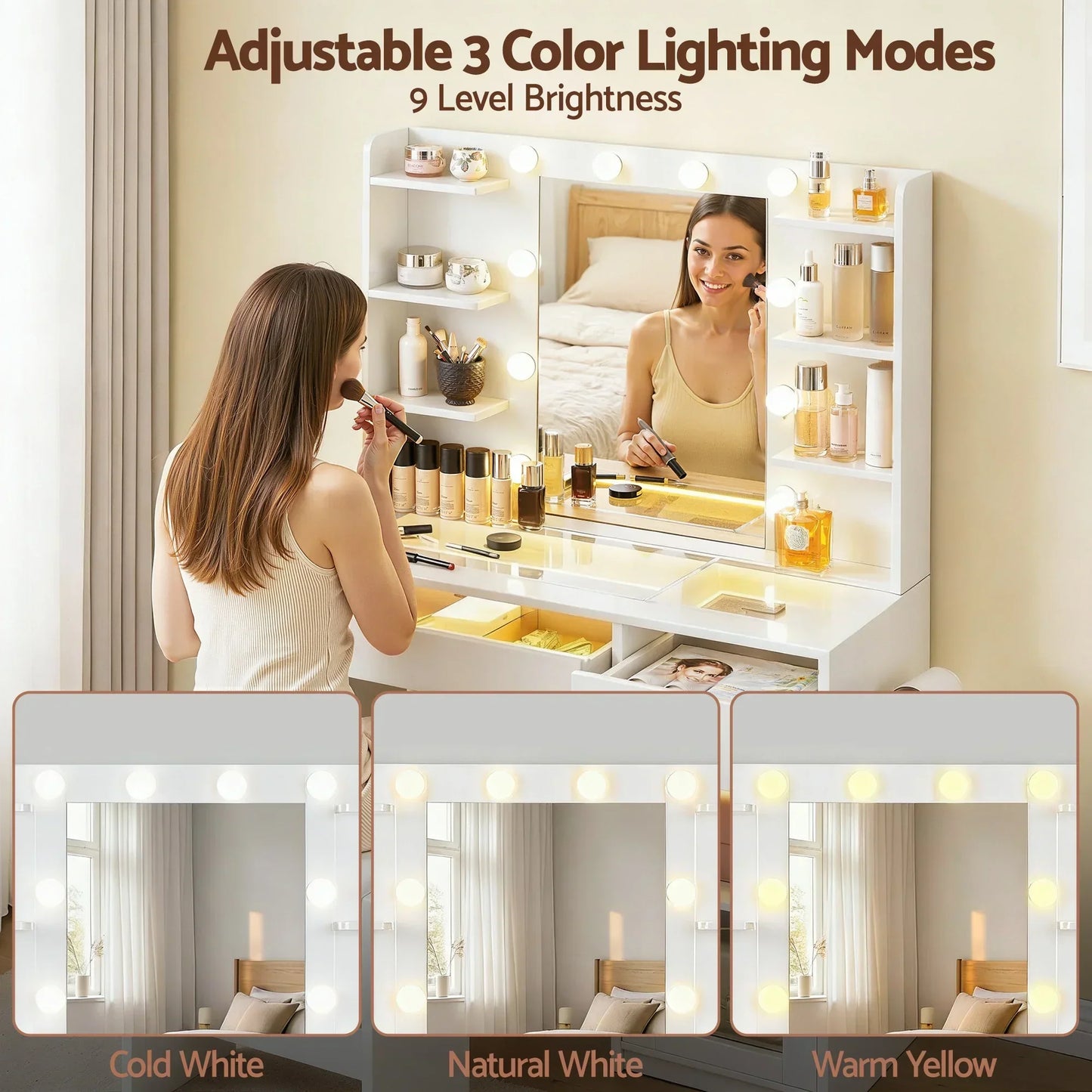 White vanity table with lighted mirror, makeup storage, and adjustable color lighting modes