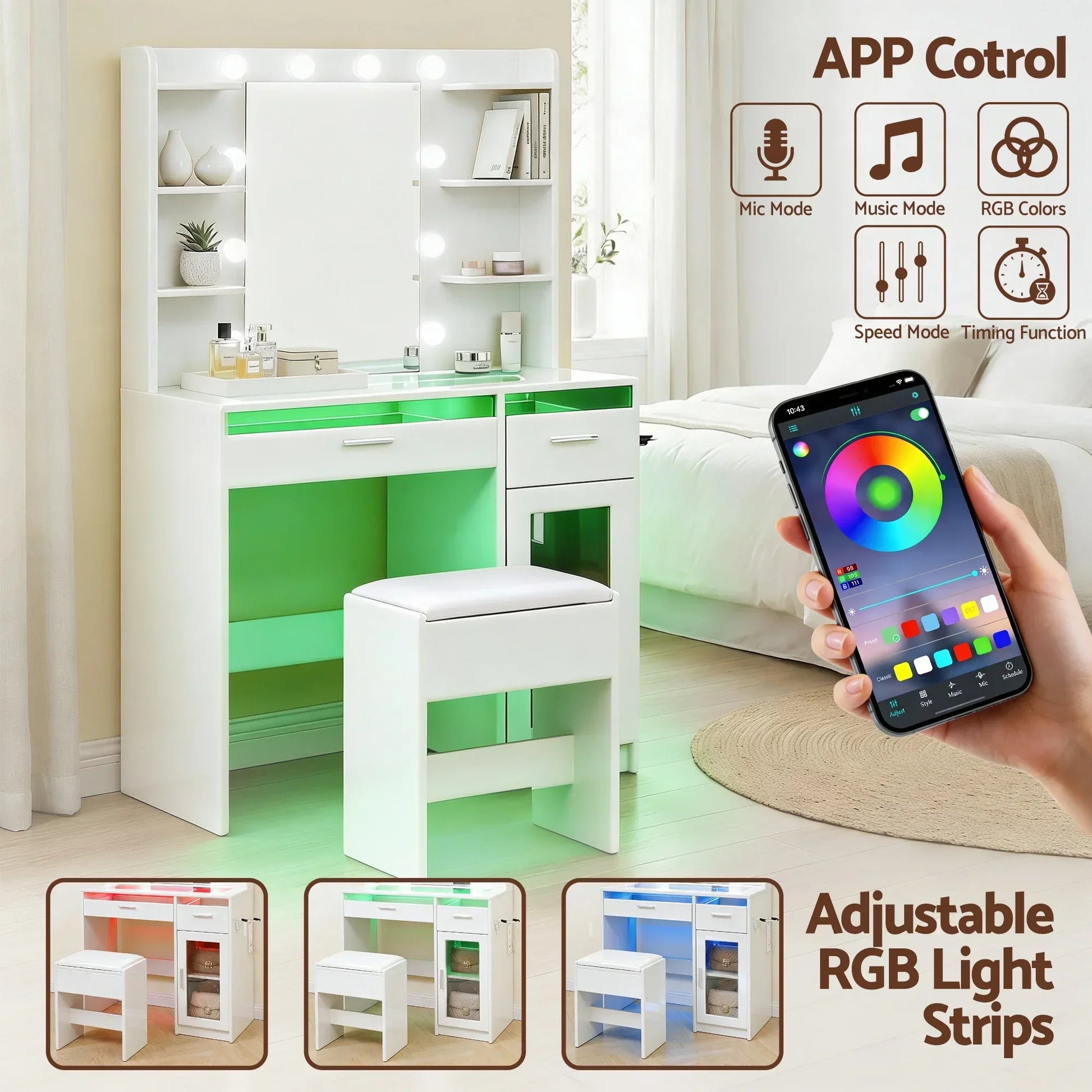White vanity table with mirror, shelves, stool, and adjustable RGB LED light strips, app controlled