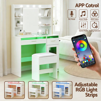 White vanity table with mirror, shelves, stool, and adjustable RGB LED light strips, app controlled
