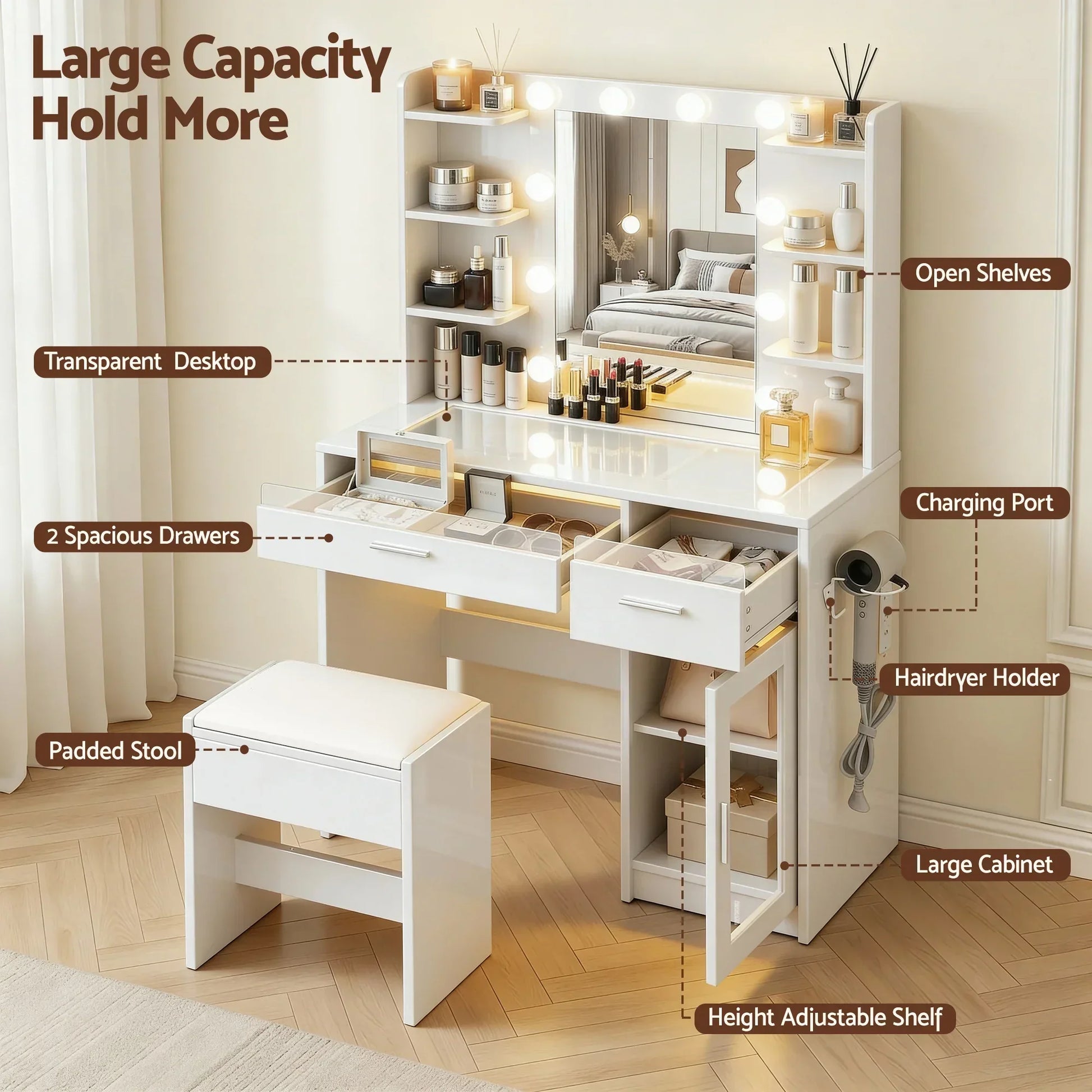 White makeup vanity with LED mirror, drawers, open shelves, padded stool, and hairdryer holder