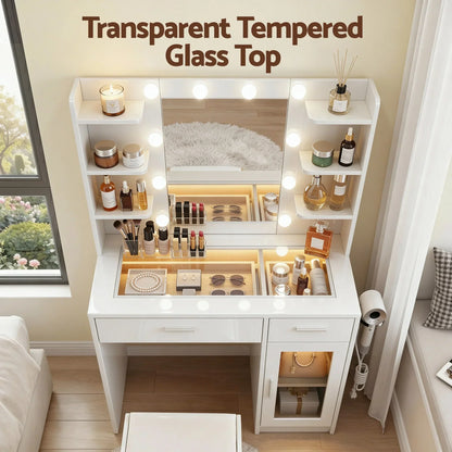 White vanity table with transparent tempered glass top, drawers, mirror with LED lights, and makeup storage