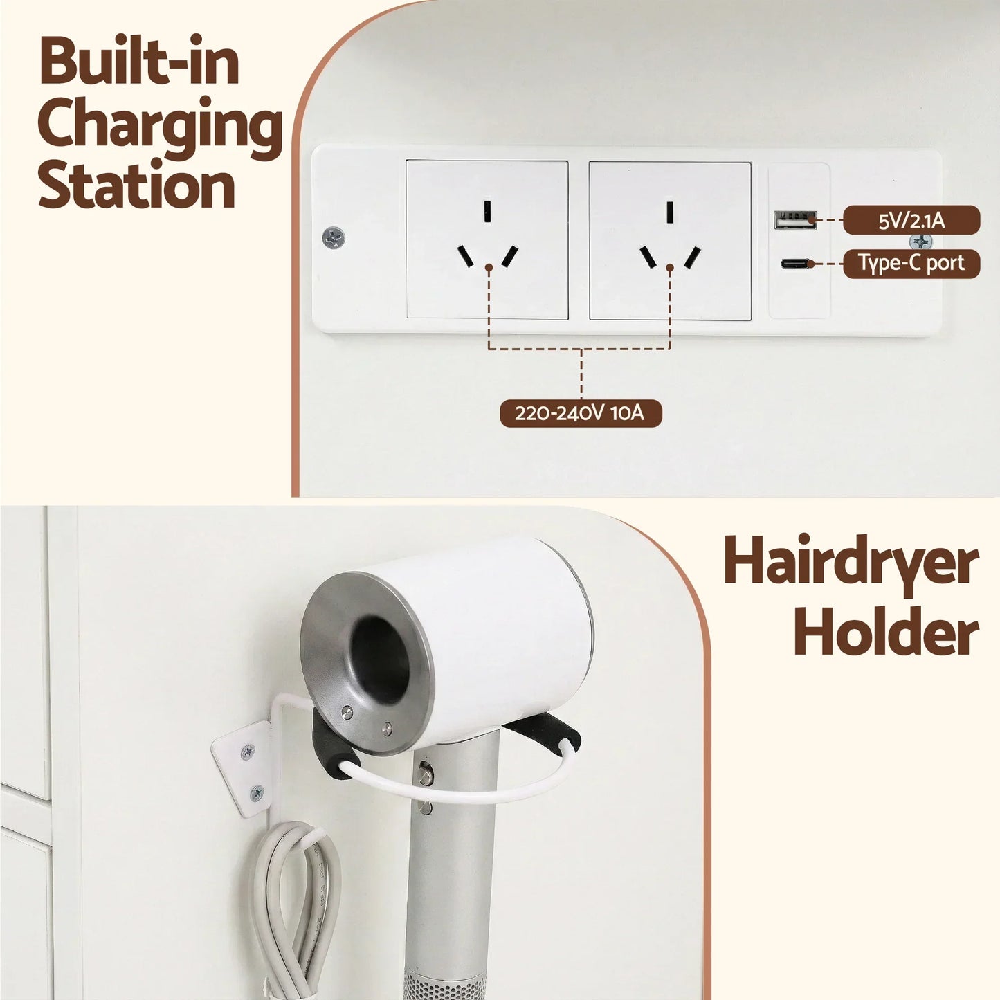 Built-in charging station with power outlets, USB, Type-C port, and mounted hairdryer holder.