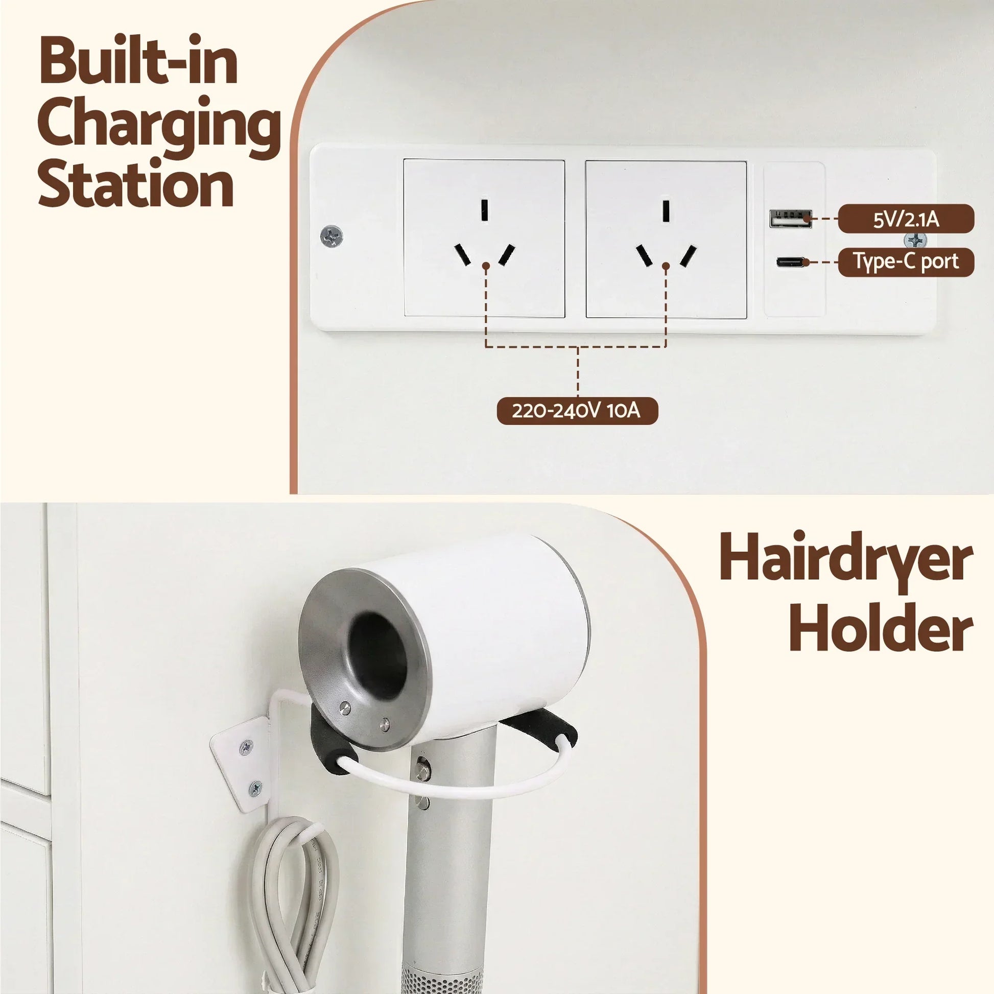 Built-in charging station with power outlets, USB, Type-C port, and mounted hairdryer holder.