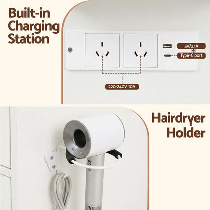 Built-in charging station with power outlets, USB, Type-C port, and mounted hairdryer holder.