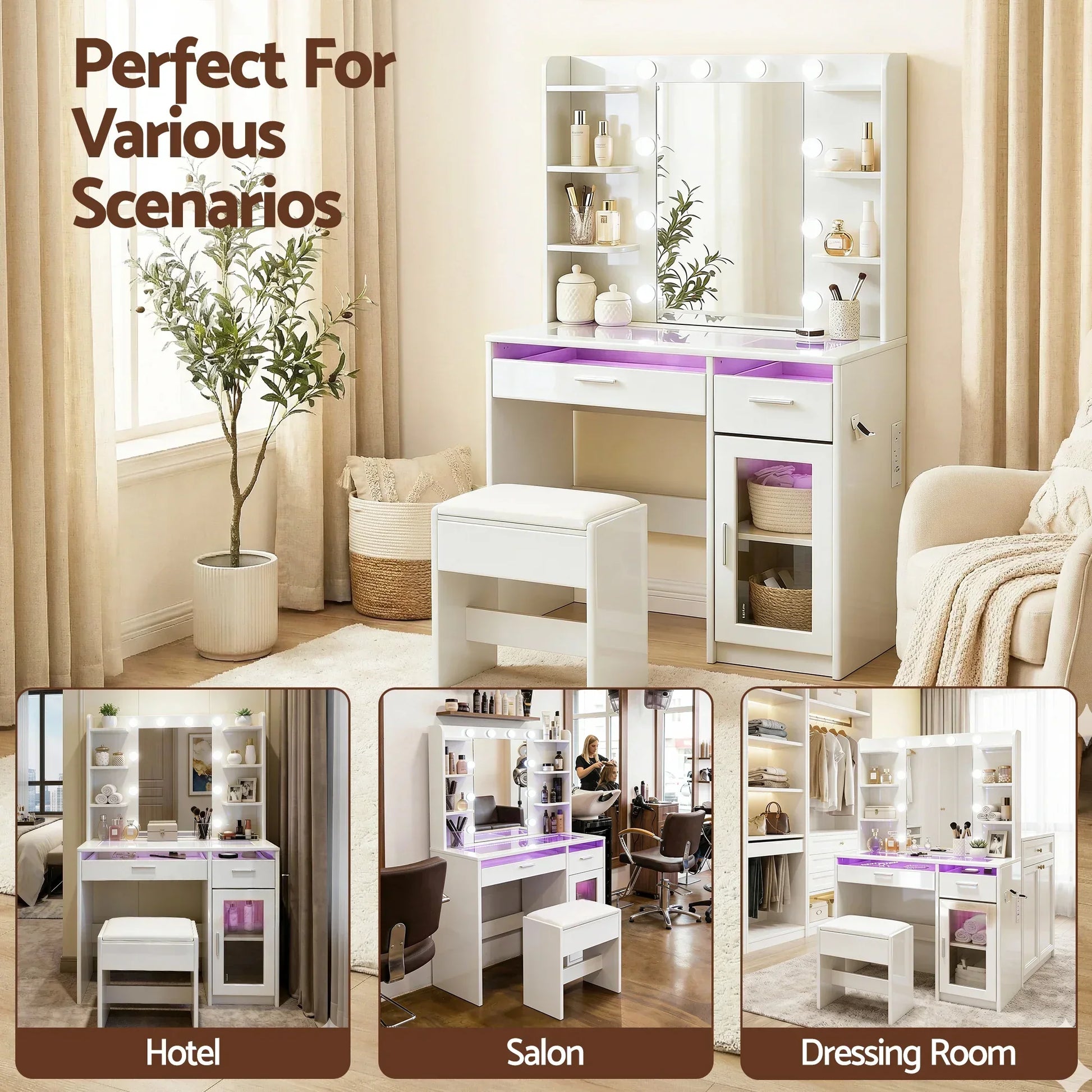 White vanity dressing table with stool, LED lights, mirror, and storage shelves in modern room