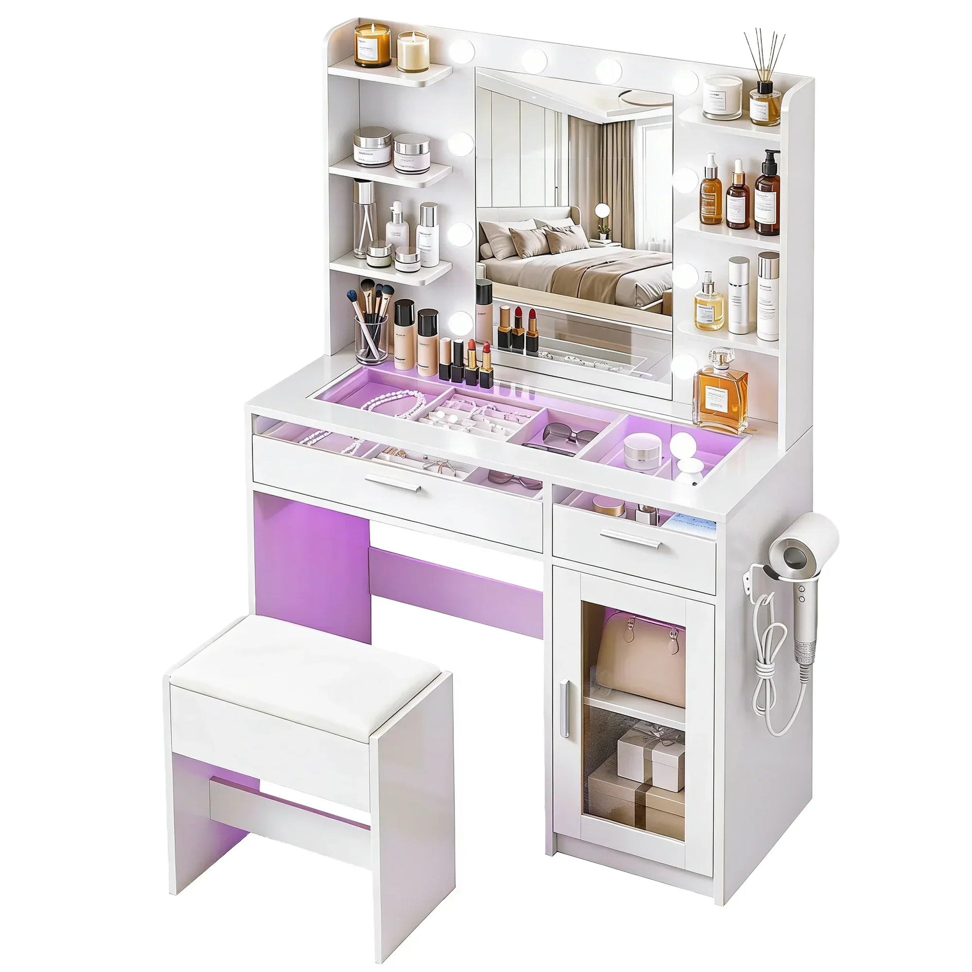 White makeup vanity table with mirror, drawers, stool, and organized cosmetics.