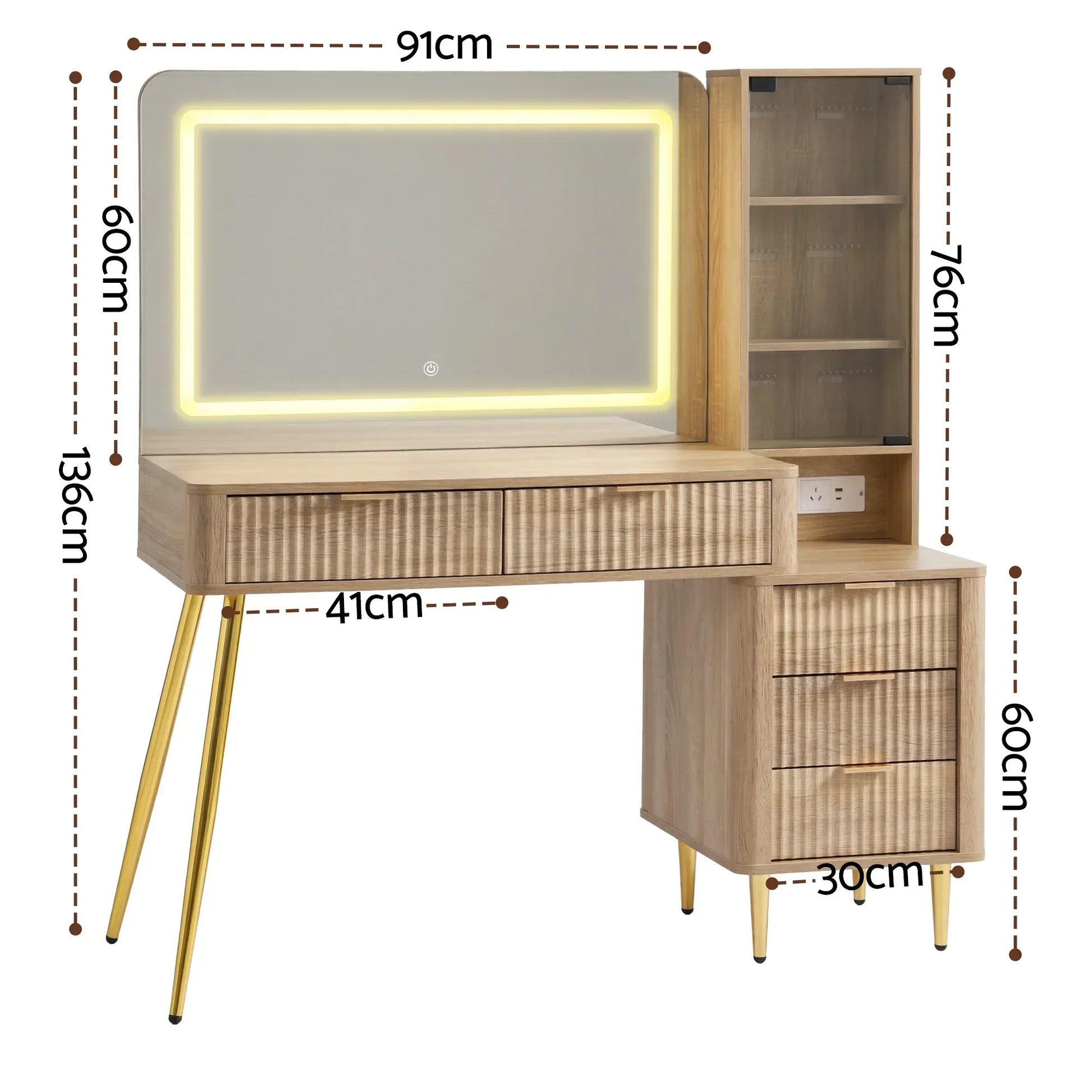 Modern wooden dressing table with LED mirror, drawers, shelves, and gold metal legs, dimensions shown.