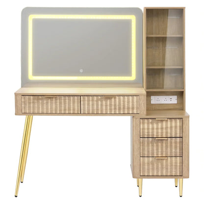 Modern wooden dressing table with LED mirror, drawers, shelves, and gold legs