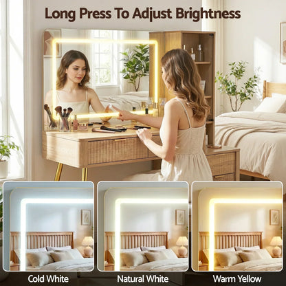Modern LED vanity mirror with adjustable lighting, woman doing makeup at wooden dressing table