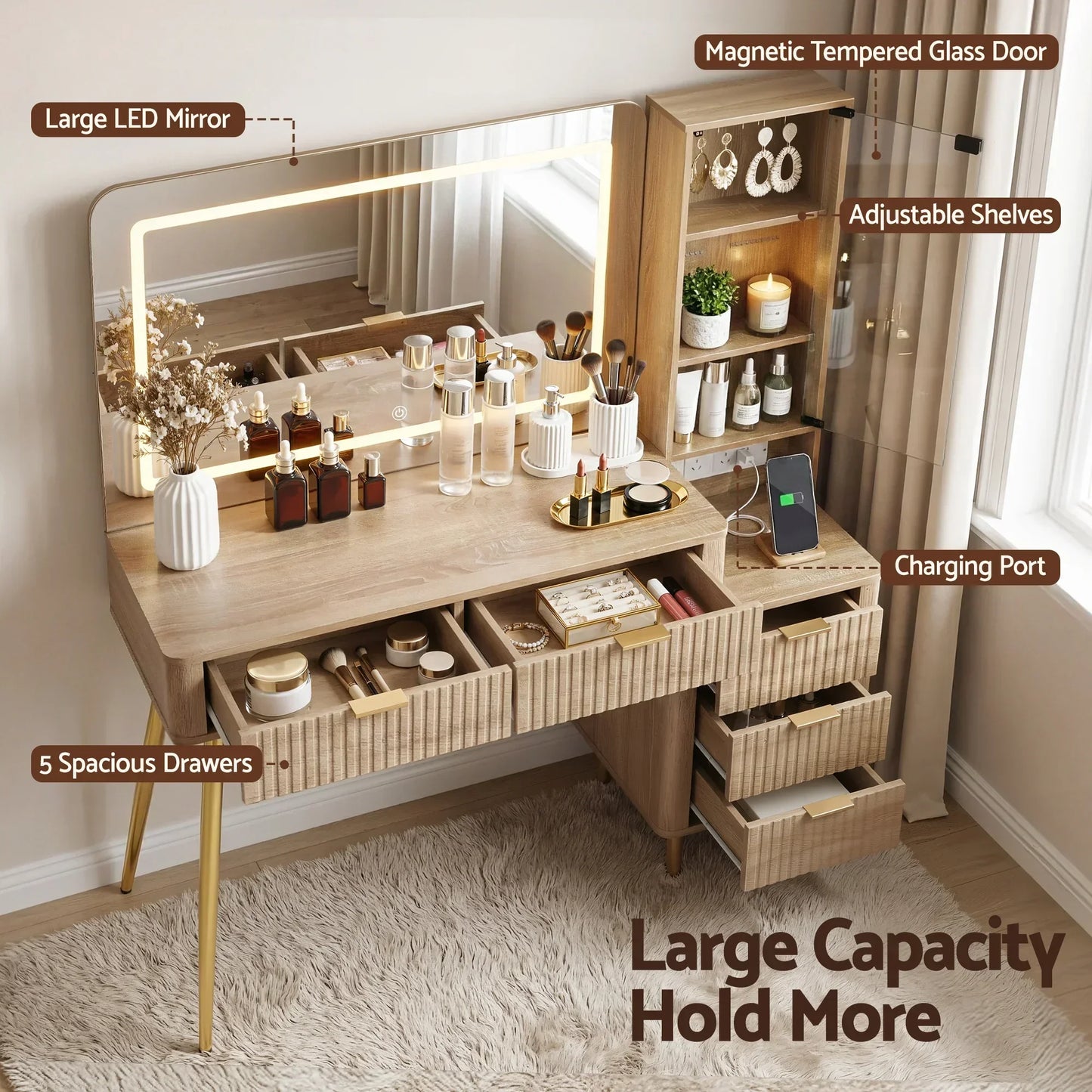 Modern wooden vanity table with LED mirror, glass door cabinet, drawers, and charging port