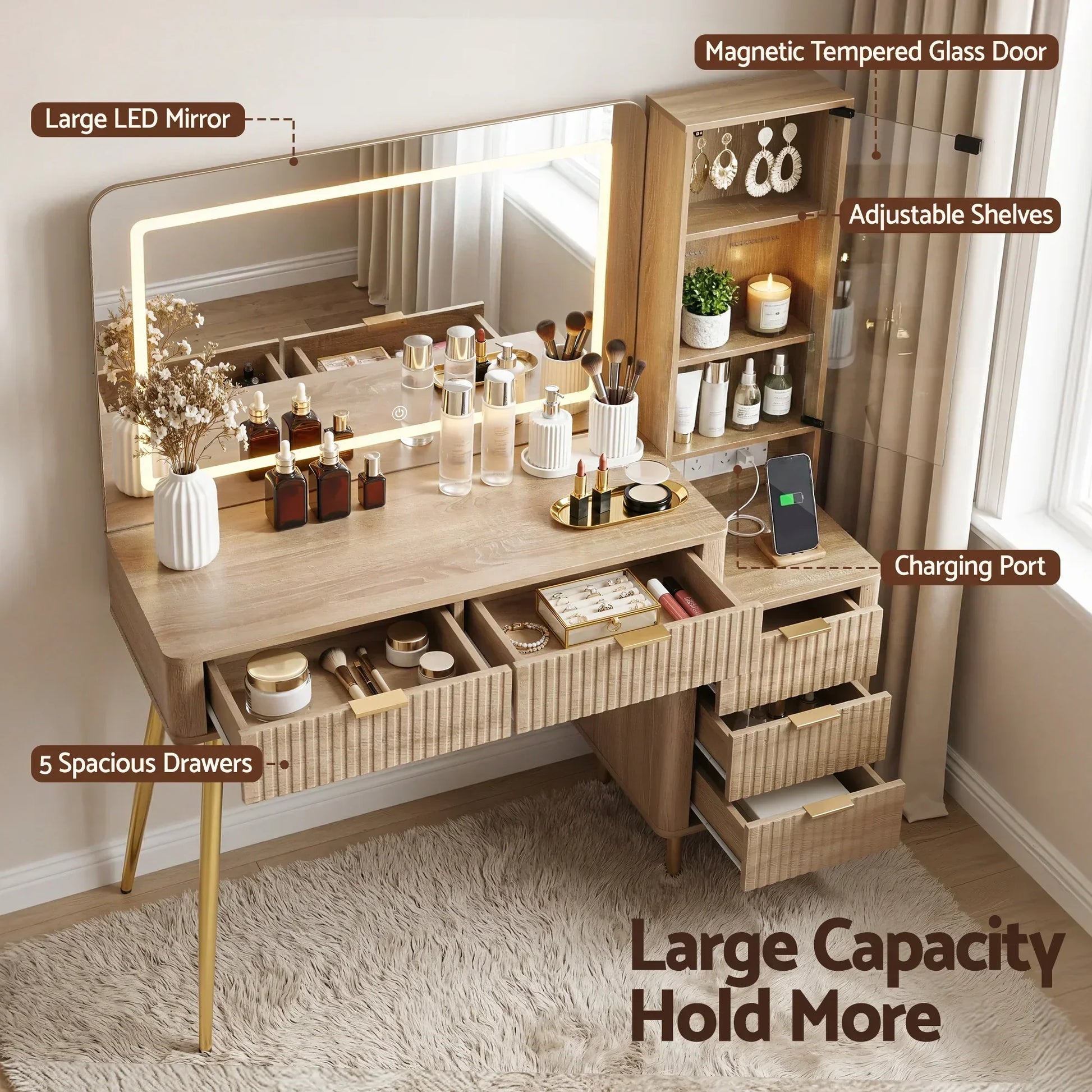 Modern wooden vanity table with LED mirror, glass door cabinet, drawers, and charging port