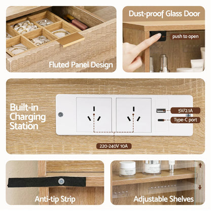 Wooden dresser with fluted drawer, jewelry organizer, glass door, built-in charging station, anti-tip strip, and adjustable shelves.