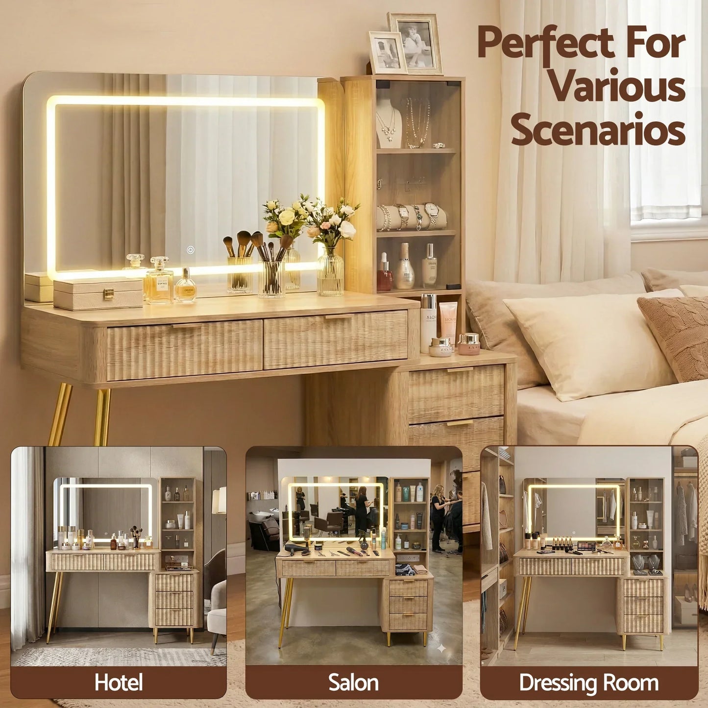 Modern wooden vanity table with LED mirror, drawers, and shelves, styled for hotel, salon, dressing room.
